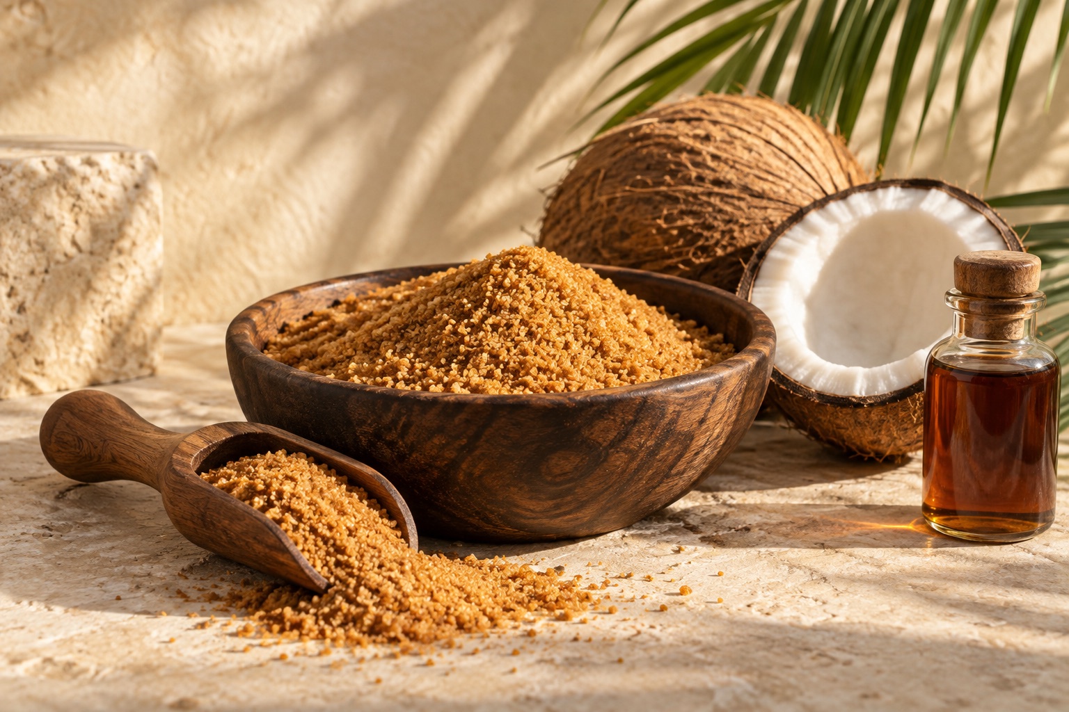 Coconut sugar, fresh coconuts, and amber syrup on sunlit limestone